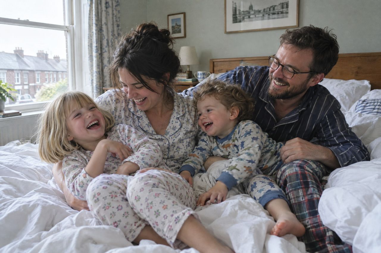 The family of four laughing together on an unmade bed in their pyjamas.