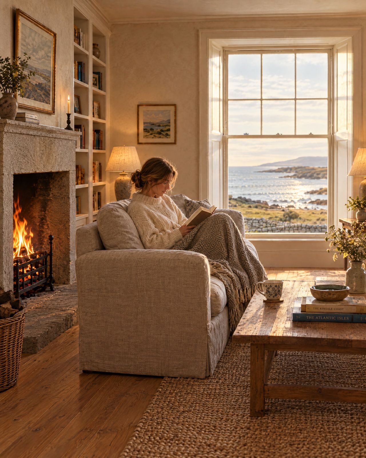 A guest reading on the sofa by the turf fire with a cup of tea.