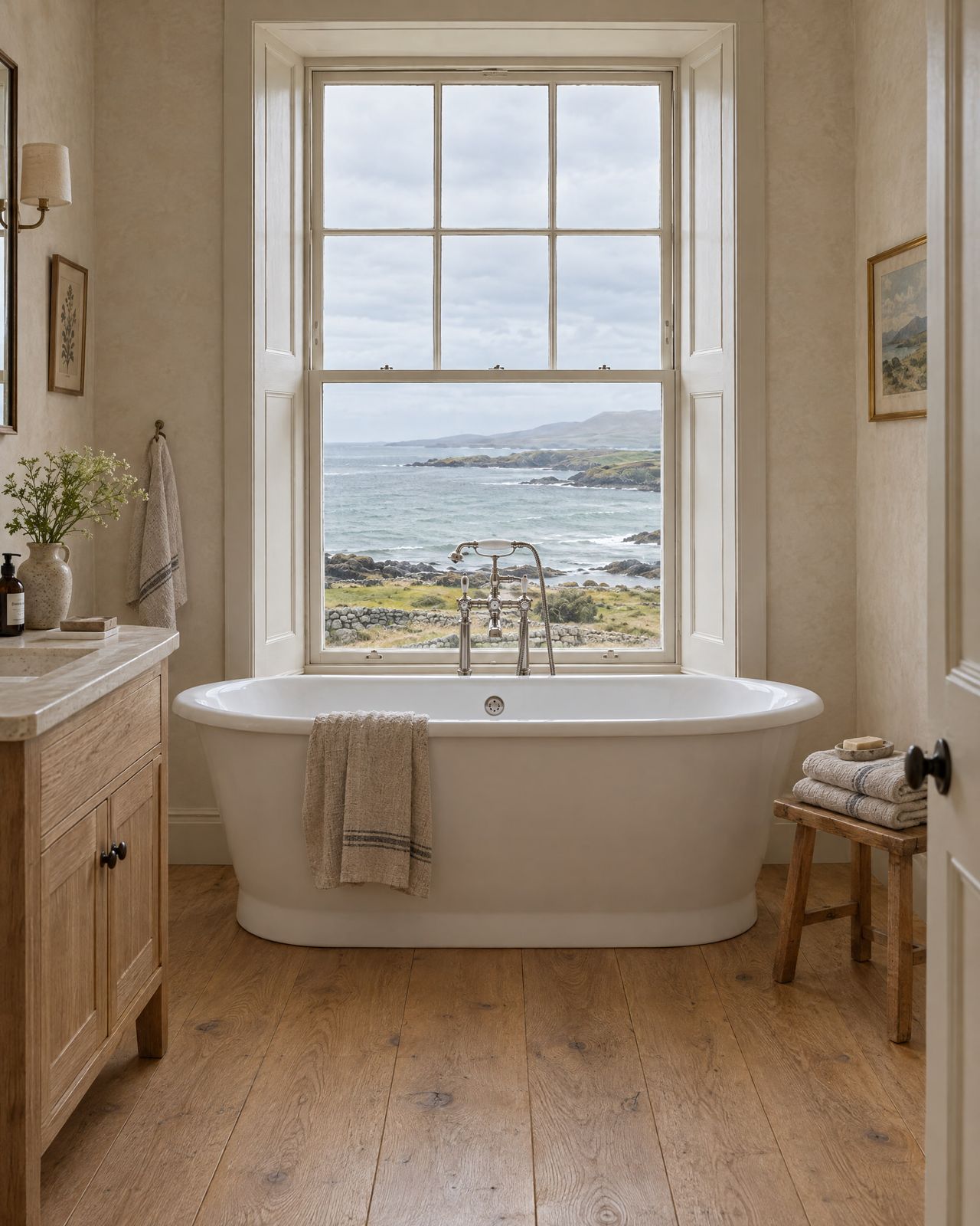 A freestanding bath beneath a sash window with a view of the sea.