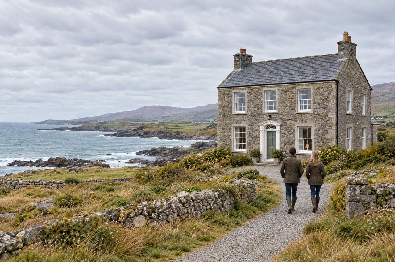 Two guests walking along the gravel path in front of the stone house, the bay behind them.