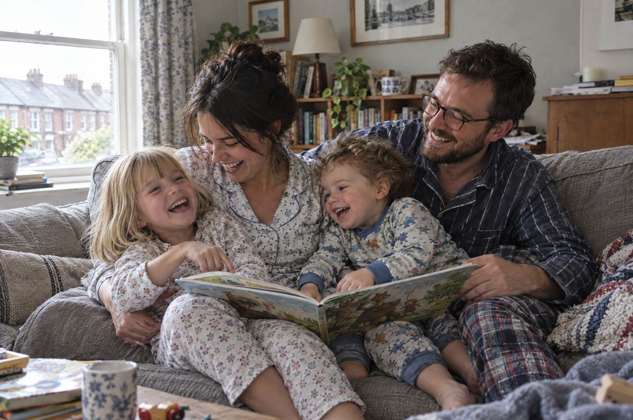The family reading a picture book together on the living-room sofa.