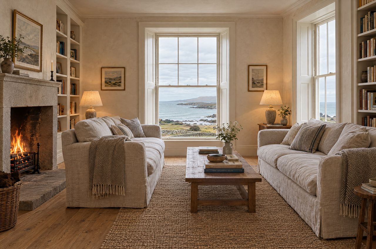 The guest lounge of a country house hotel with a turf fire, linen sofas and tall windows to the bay.
