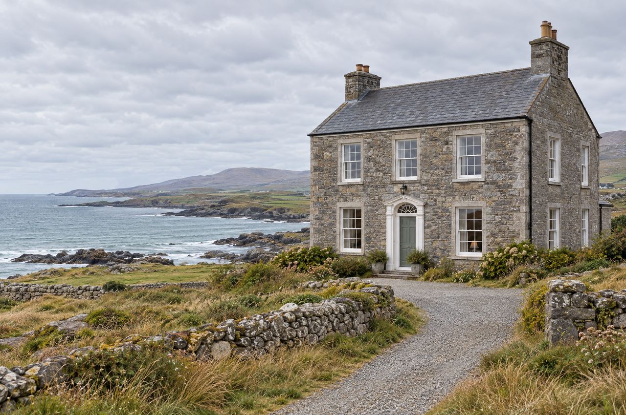 A grey stone country house hotel above a rocky Atlantic bay.