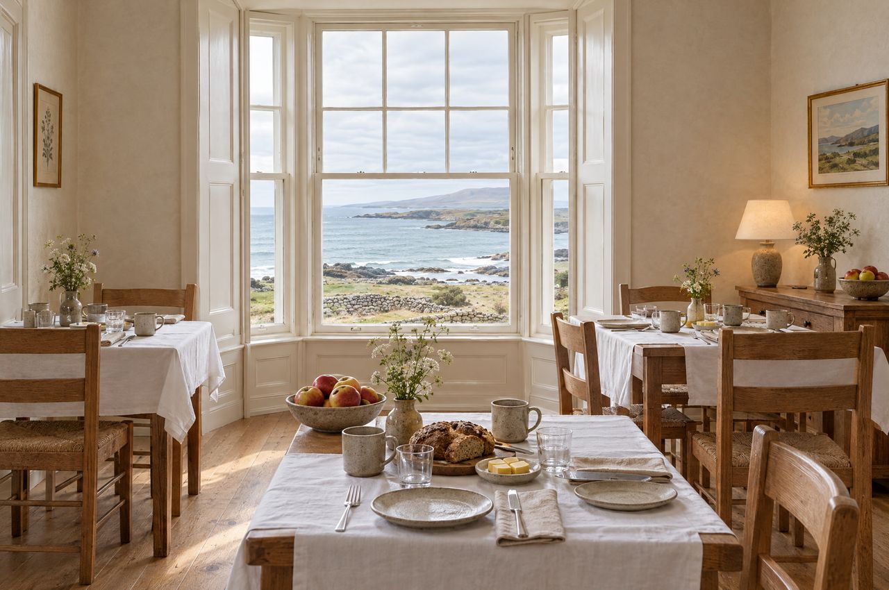The dining room set for breakfast with white linen, soda bread and windows to the bay.