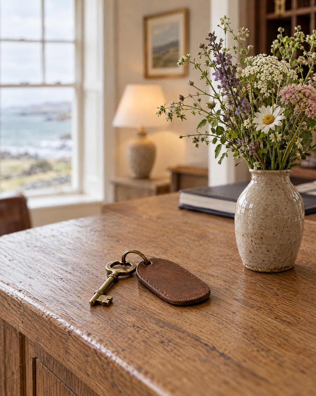 A brass room key with a leather tag on the oak reception desk, beside garden flowers.