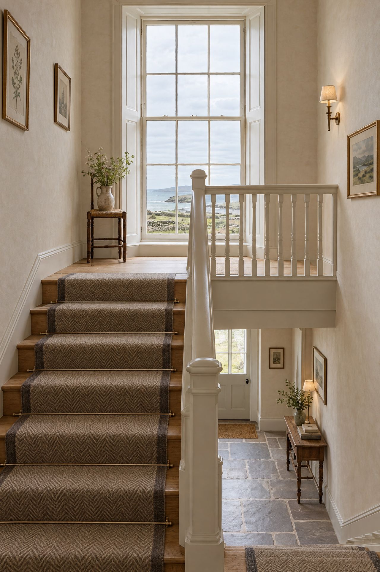 The main staircase with a painted banister and a tall sash window on the landing.