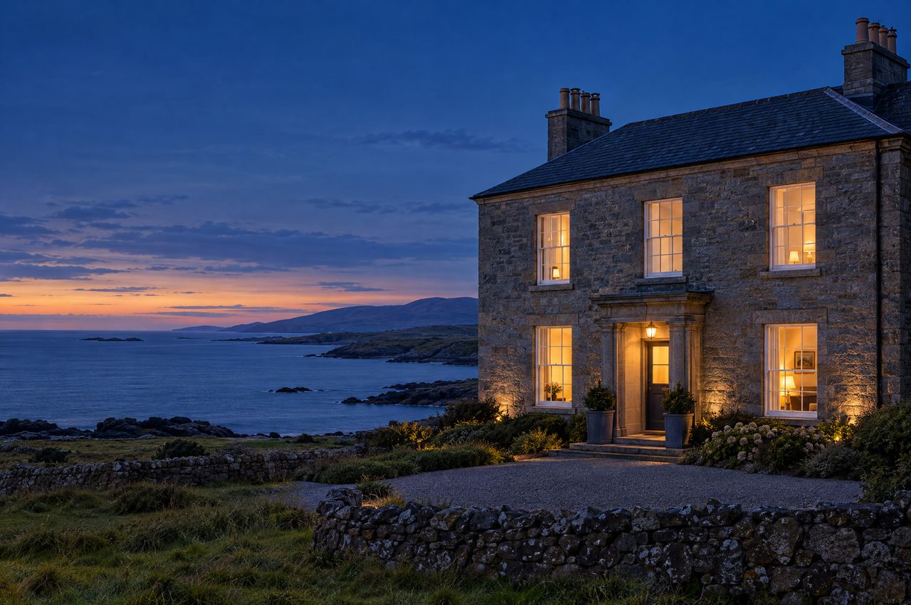 The stone country house hotel at blue hour, its windows glowing above the dark bay.