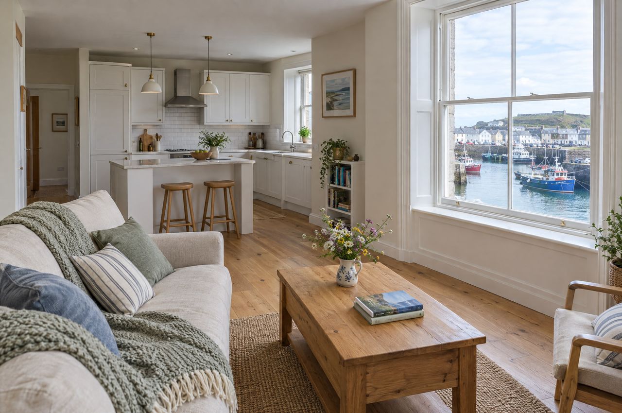 An open-plan holiday apartment with a linen sofa, an oak coffee table and a white kitchen, a tall sash window over a harbour with fishing boats.